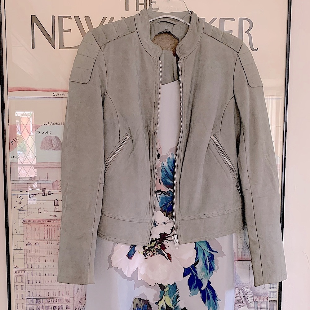 Grey leather moto jkt with silver zippers, super soft, great neutral size S